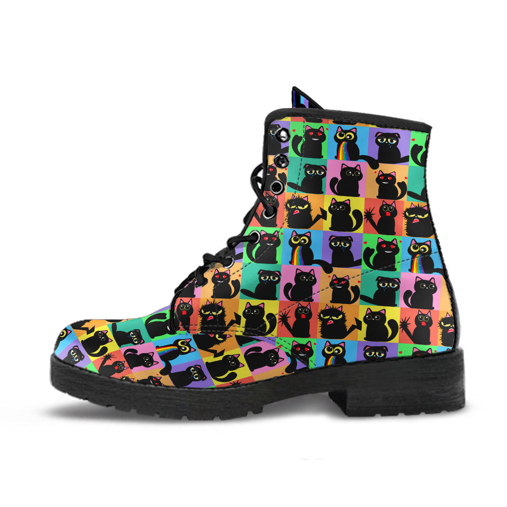 Side view of a single Black Cats Classic Boot featuring a vibrant pop art cat pattern with a black sole.