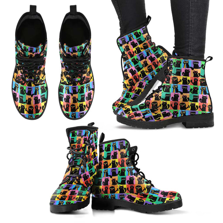 Multiple angles of Black Cats Classic Boots, showing the vibrant black cat pattern from different views.