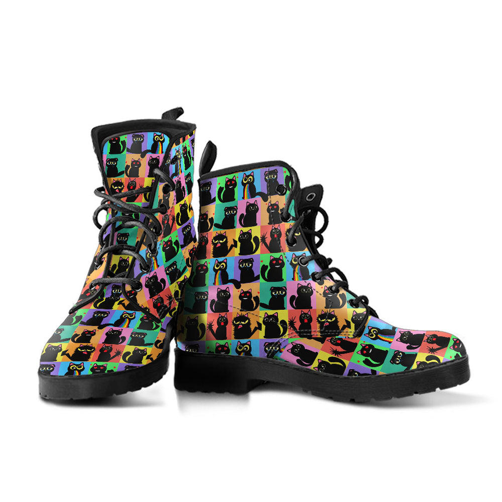 A pair of Black Cats Classic Boots showcasing the quirky colorful cat grid design with sturdy black soles.