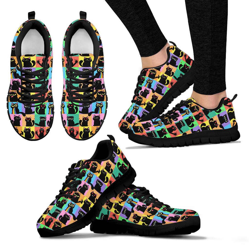 Multiple angles of Black Cats Classic Sneakers with black soles, including a lifestyle shot worn on feet.