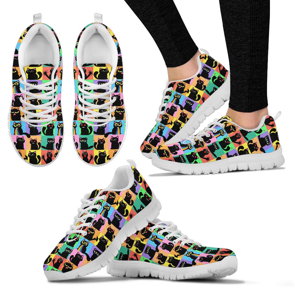 Multiple angles of Black Cats Classic Sneakers with white soles, showing the vibrant cat design from different views.