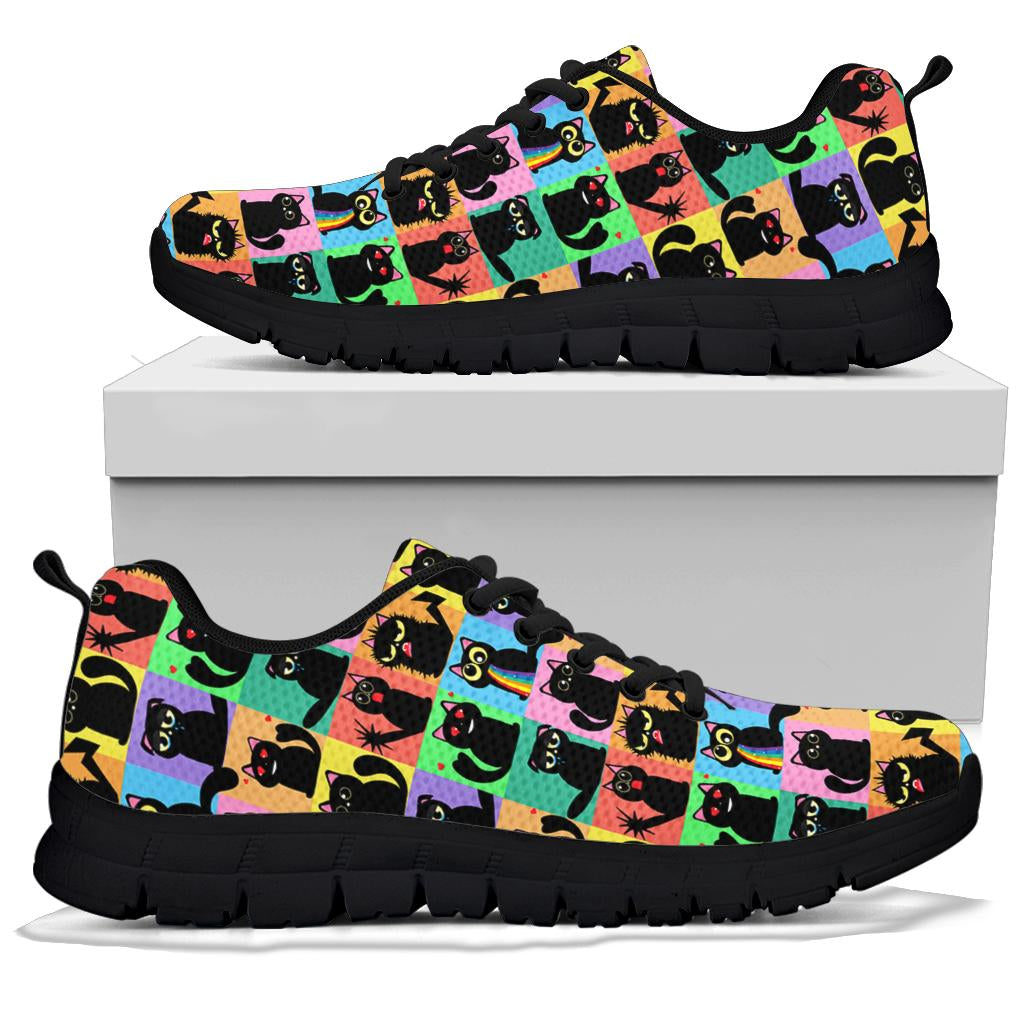 Black Cats Classic Sneakers with black soles resting on a shoe box, highlighting the playful pop art cat artwork.