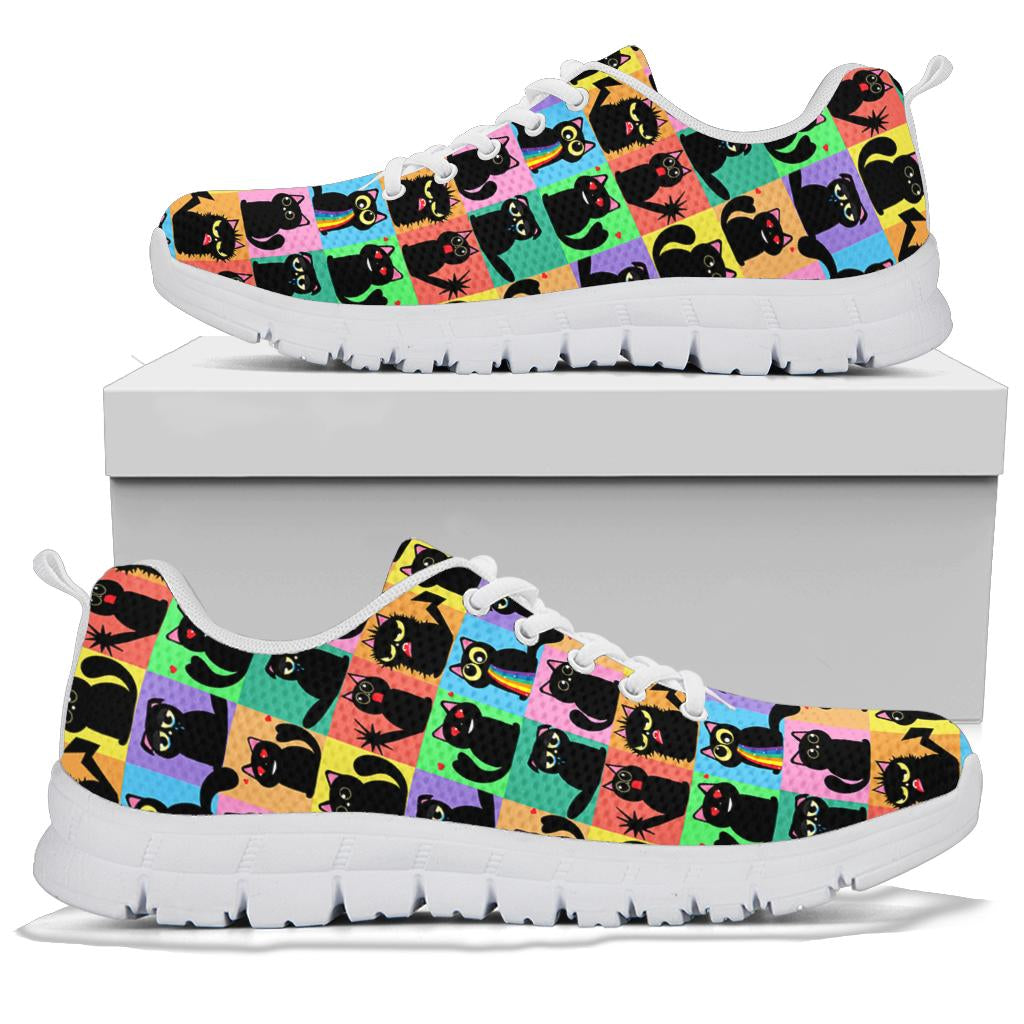 Black Cats Classic Sneakers with white soles resting on a shoe box, displaying the stunning pop art cat pattern.