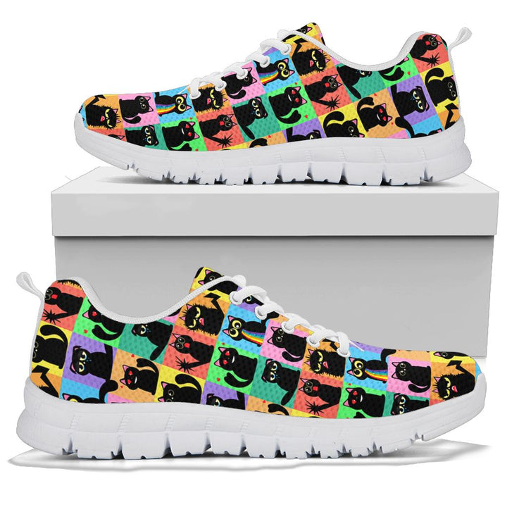 Black Cats Classic Sneakers with white soles resting on a shoe box, displaying the stunning pop art cat pattern.