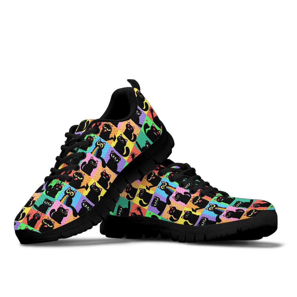 A pair of Black Cats Classic Sneakers featuring a vibrant pop art cat pattern with black soles.