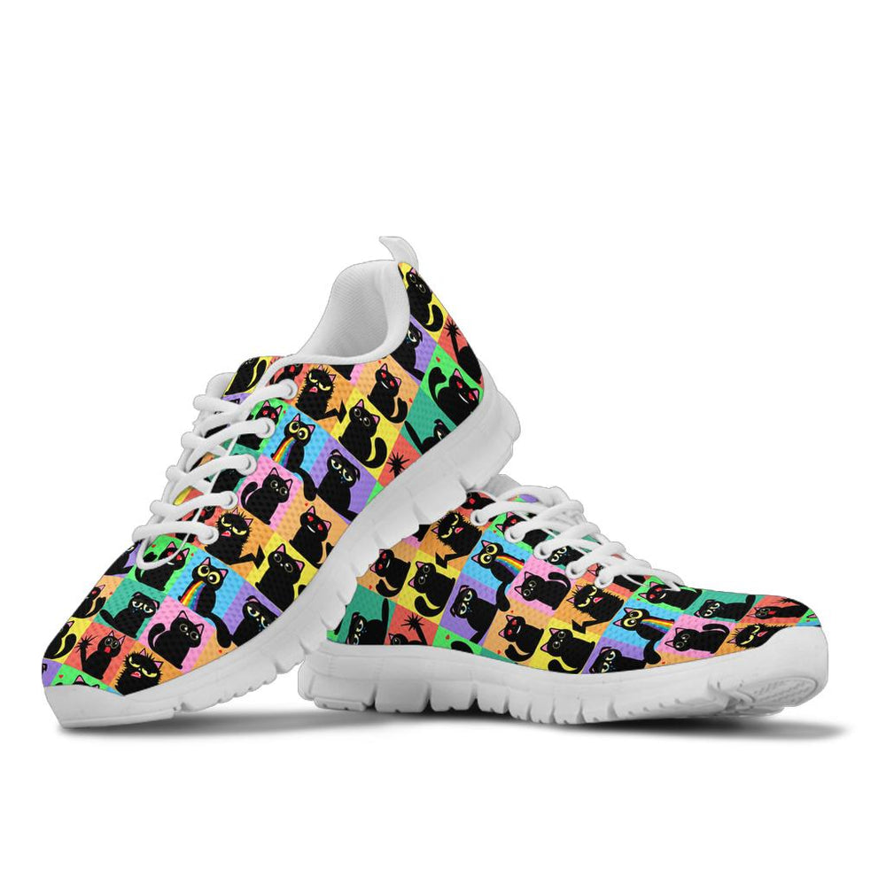 A pair of Black Cats Classic Sneakers showcasing the quirky colorful cat grid design with white soles.