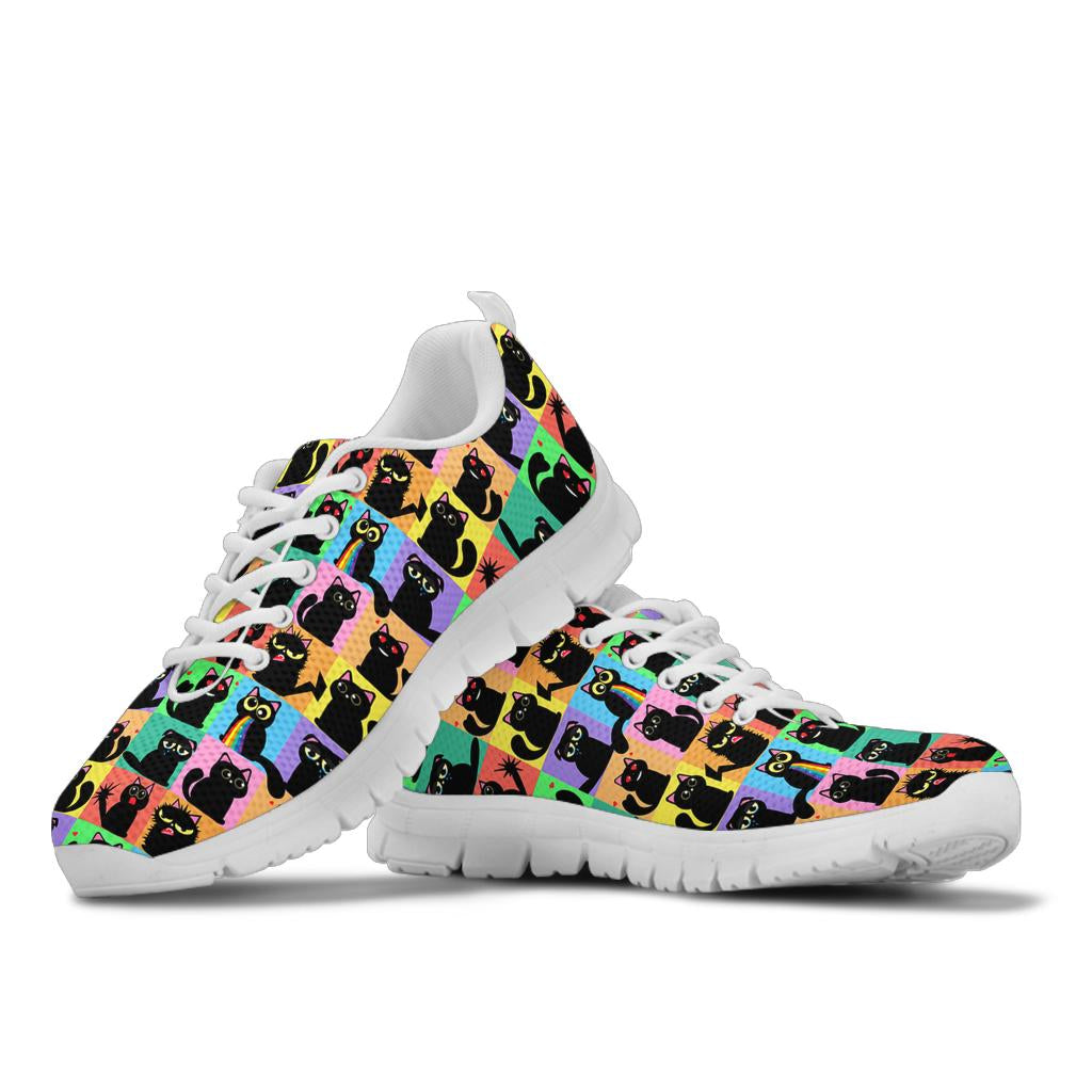 A pair of Black Cats Classic Sneakers showcasing the quirky colorful cat grid design with white soles.