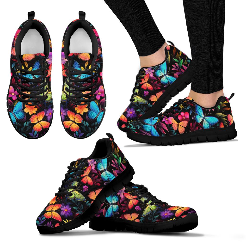 Multiple angles of Butterflies Sneakers with black soles, including a lifestyle shot worn on feet.