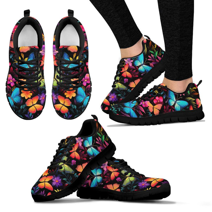 Multiple angles of Butterflies Sneakers with black soles, including a lifestyle shot worn on feet.
