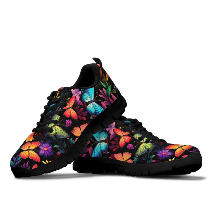 Butterflies Sneakers featuring a vibrant, colorful butterfly pattern with black soles and black laces.