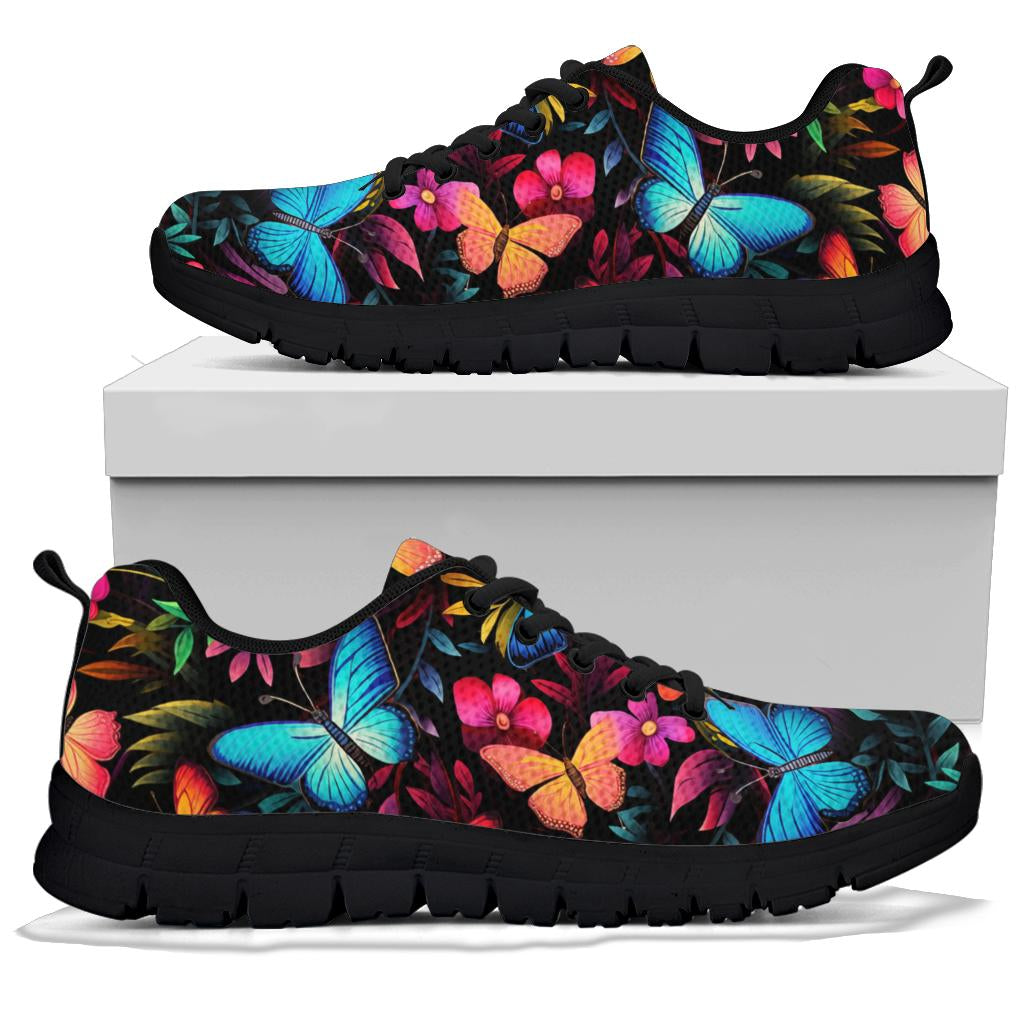 A pair of Butterflies Sneakers with black soles and black laces, displayed resting on top of a plain white shoe box.