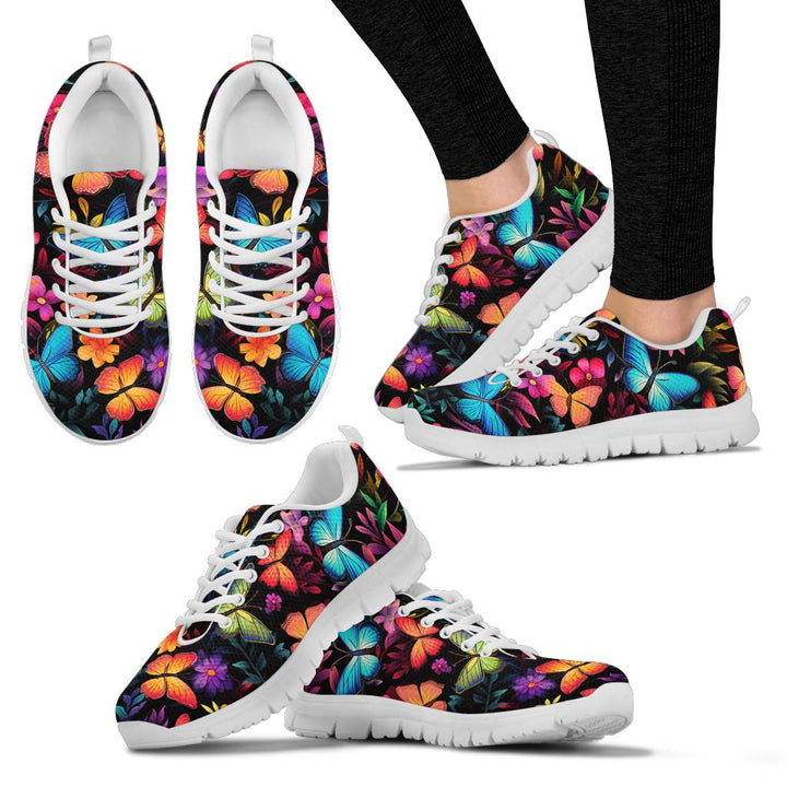 Multiple angles of Butterflies Sneakers with white soles, including a lifestyle shot worn on feet.