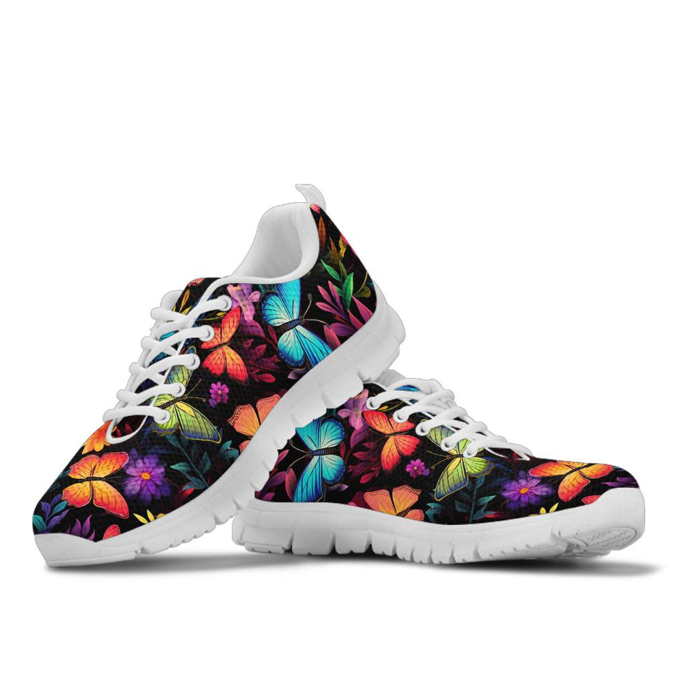 Stacked view of Butterflies Sneakers showcasing the colorful winged pattern with crisp white soles and white laces.