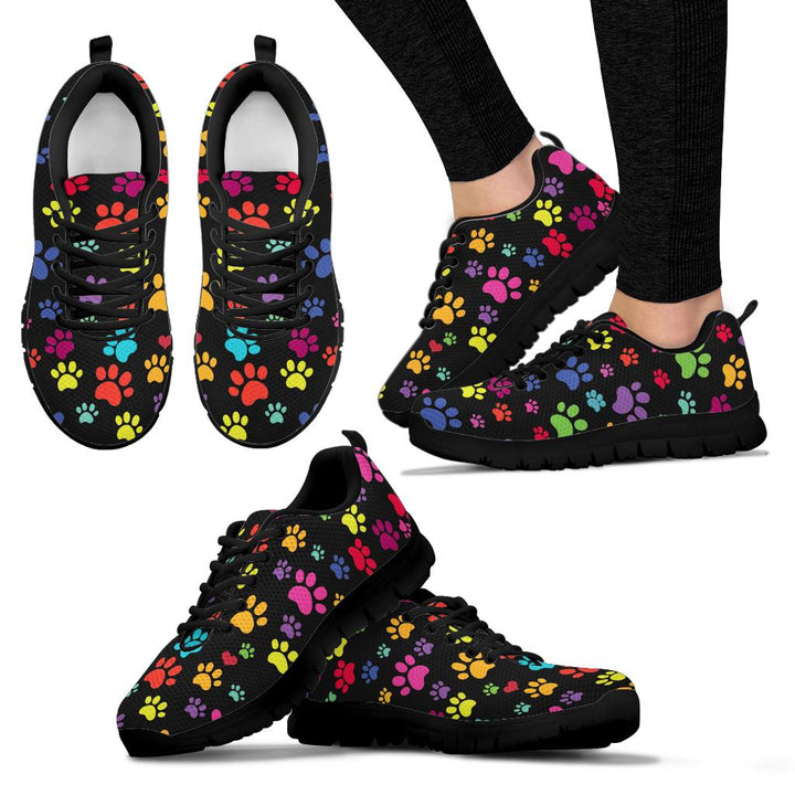 Multiple angles of Colorful Paws Sneakers with black soles, including a lifestyle shot worn on feet.