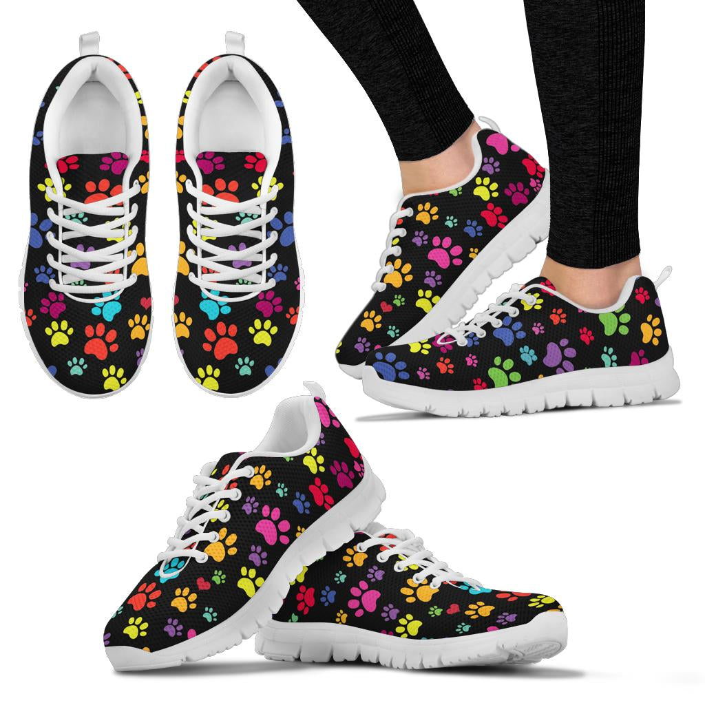 Multiple angles of Colorful Paws Sneakers with white soles, including a lifestyle shot worn on feet.