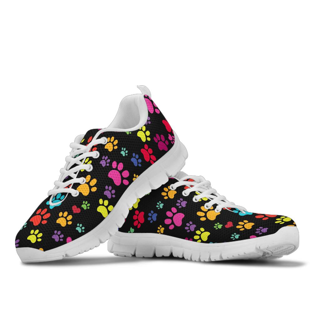 Stacked view of Colorful Paws Sneakers showcasing the vibrant pet lover design with crisp white soles and white laces.