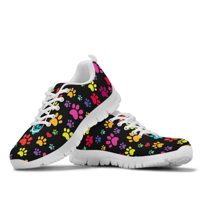 Stacked view of Colorful Paws Sneakers showcasing the vibrant pet lover design with crisp white soles and white laces.