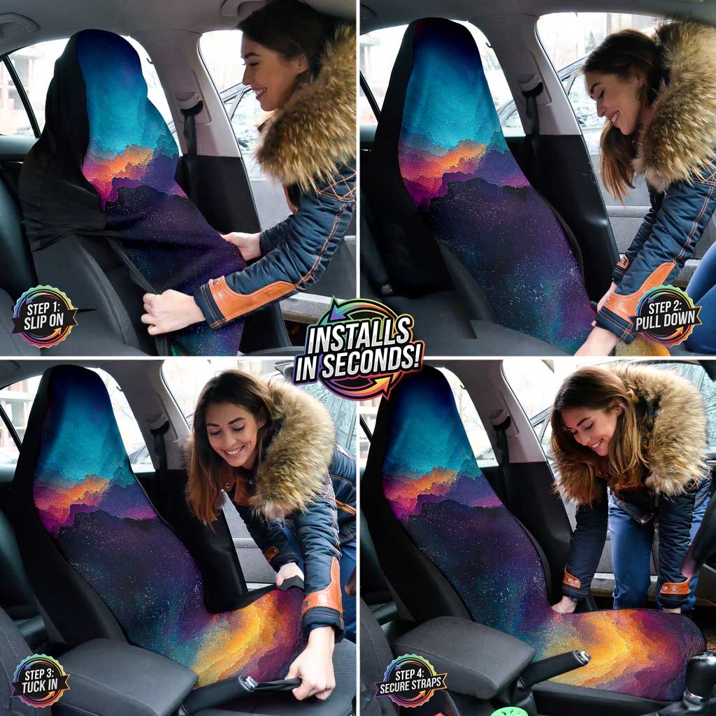 A collage showing a woman easily installing the Colorful Universe Car Seat Covers over her car seats.