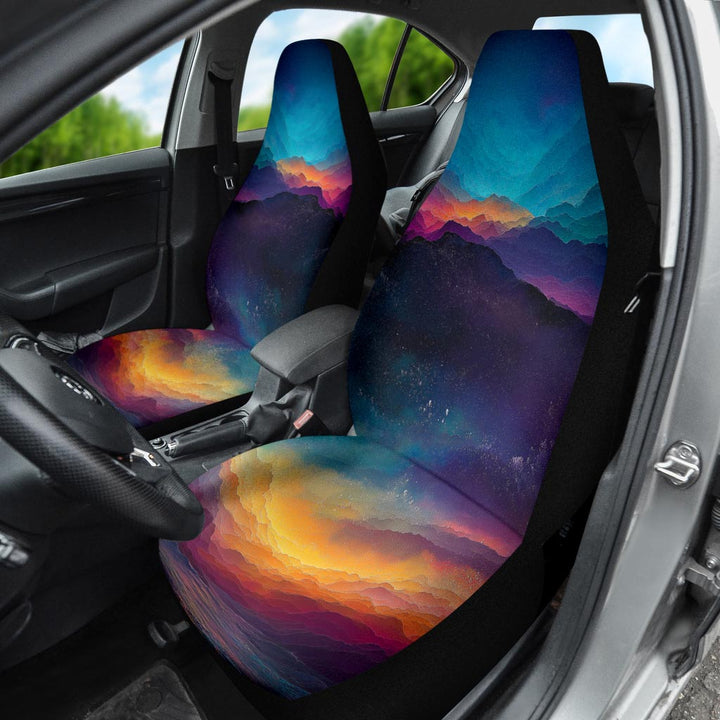 Colorful Universe Car Seat Cover installed on a driver's seat, highlighting the beautiful galaxy pattern inside the car.