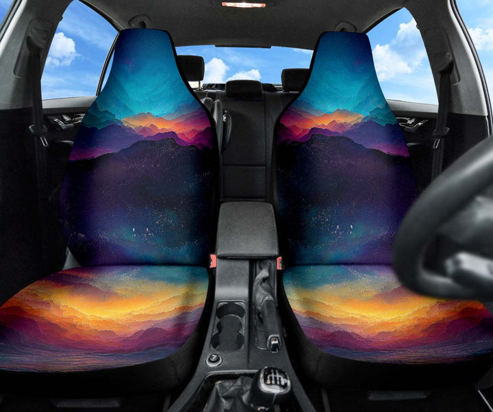 Colorful Universe Car Seat Covers installed on front seats, showing the stunning colorful space pattern.