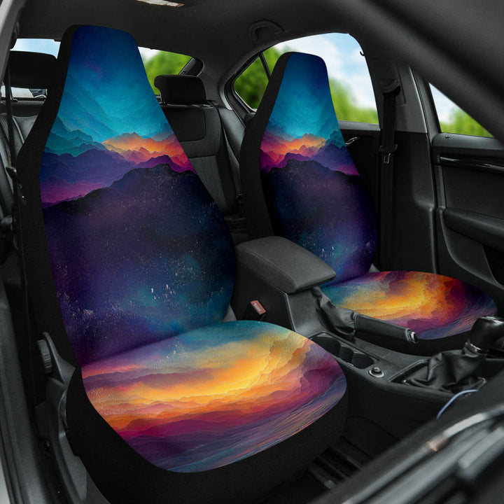 Front angled view of both Colorful Universe Car Seat Covers installed in a car, adding an immersive cosmic touch to the interior.