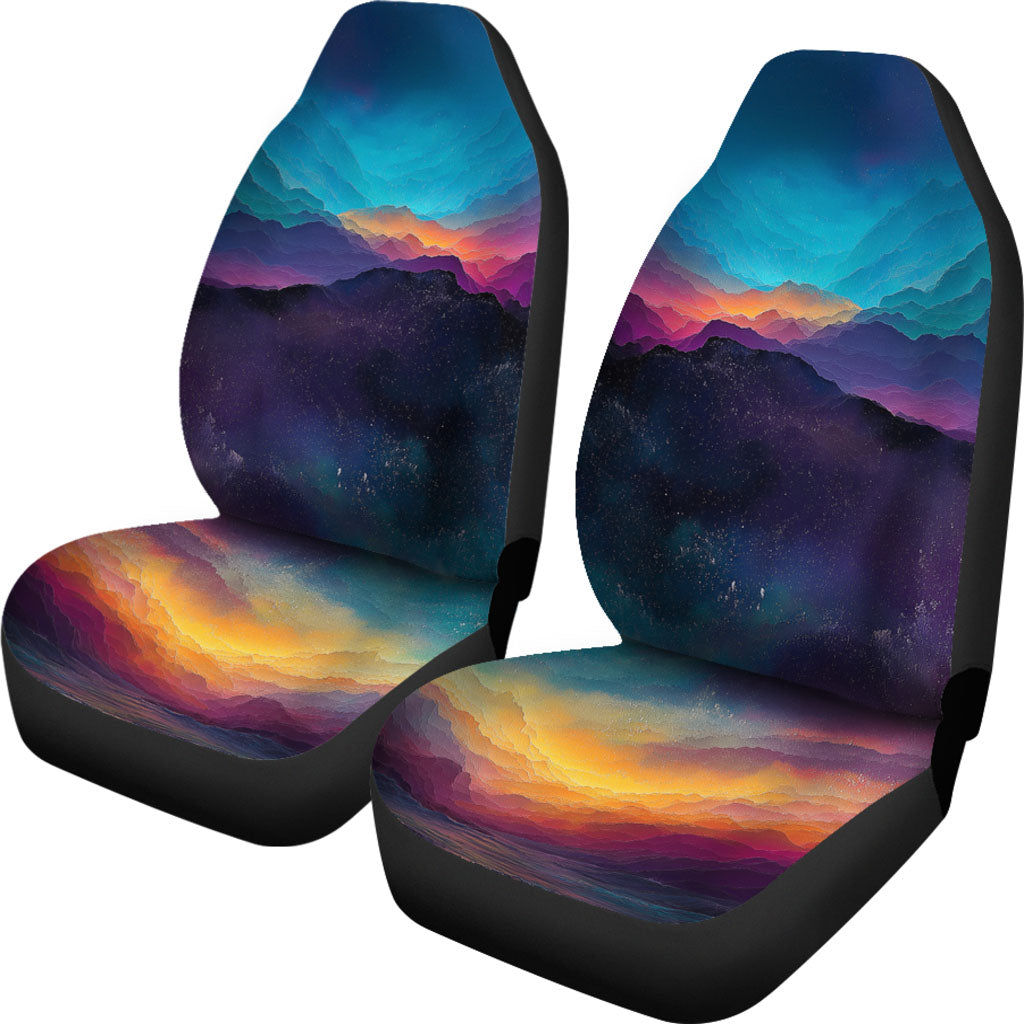 Front view of a pair of Colorful Universe Car Seat Covers featuring a vibrant nebula galaxy design.