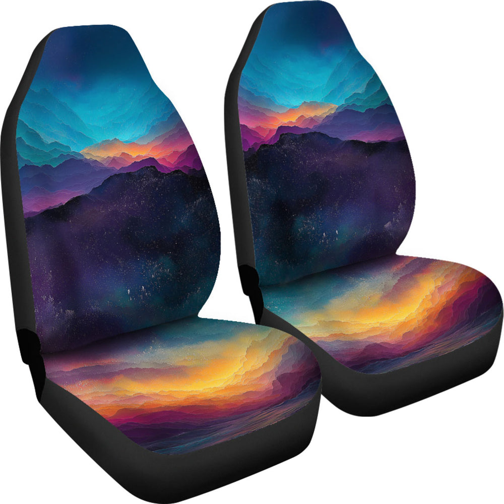 Angled view of a pair of Colorful Universe Car Seat Covers showcasing the stunning cosmic clouds artwork.