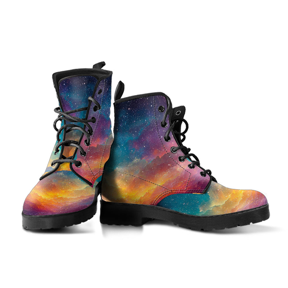 A pair of Colorful Universe Classic Boots showcasing the vibrant space design with sturdy black soles.