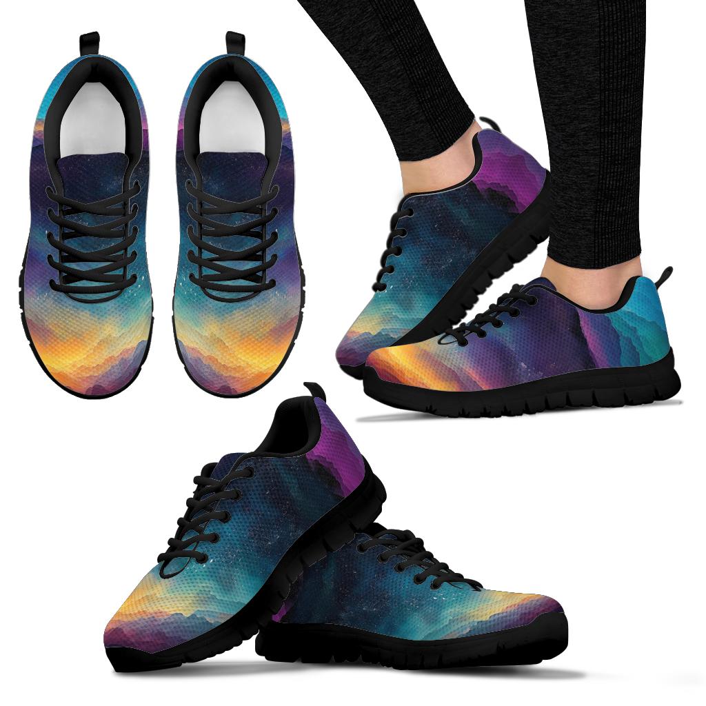 Multiple angles of Colorful Universe Sneakers with black soles, including a lifestyle shot worn on feet.