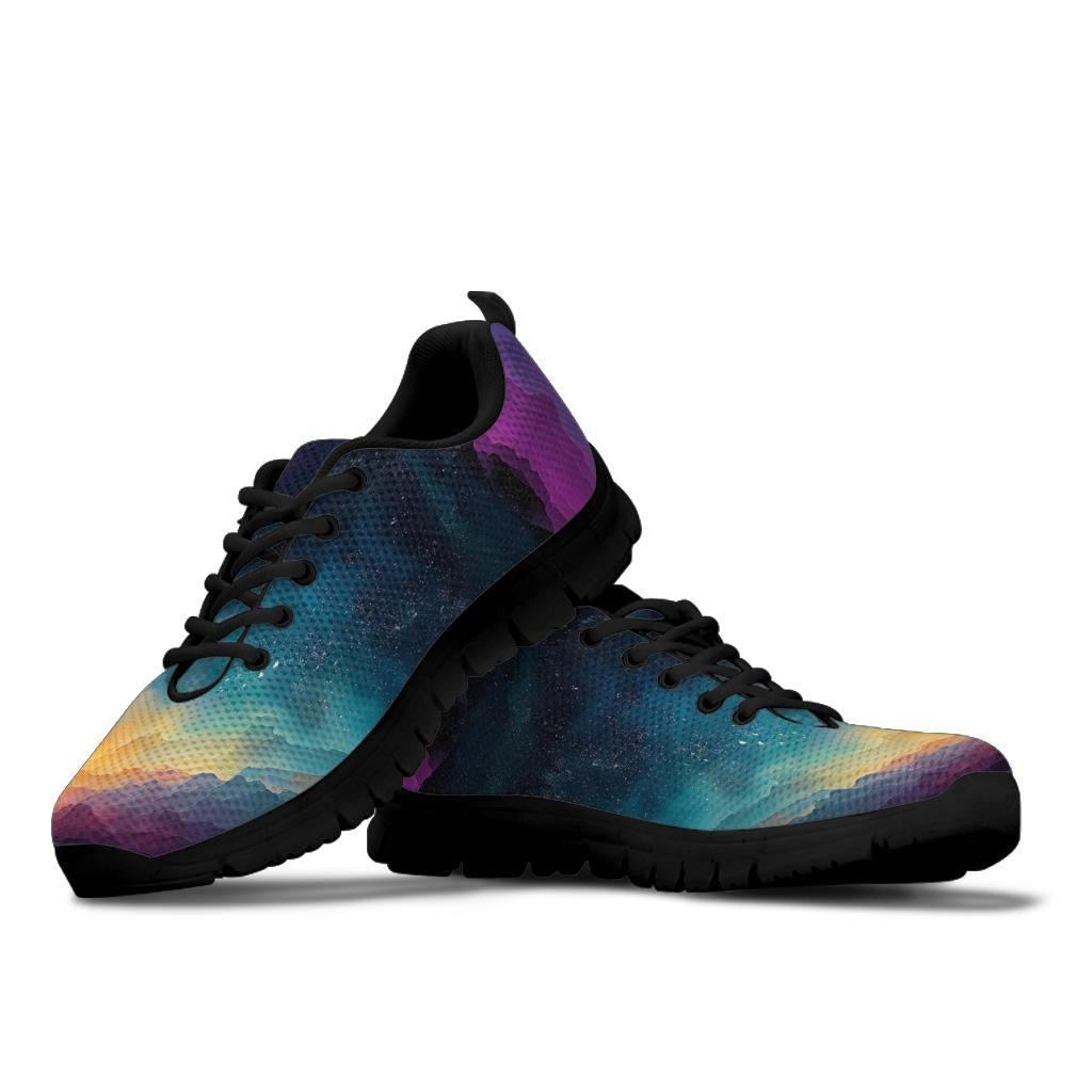 Colorful Universe Sneakers featuring a deep space galaxy pattern with nebulas and stars, black soles and black laces.