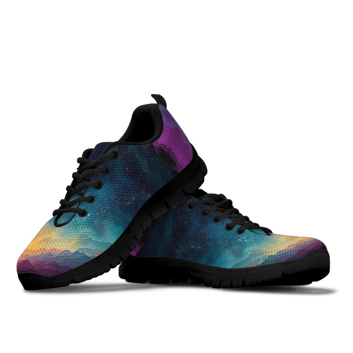 Colorful Universe Sneakers featuring a deep space galaxy pattern with nebulas and stars, black soles and black laces.