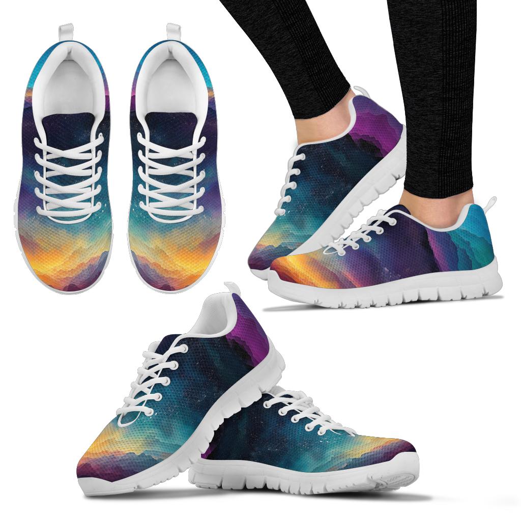 Multiple angles of Colorful Universe Sneakers with white soles, including a lifestyle shot worn on feet.