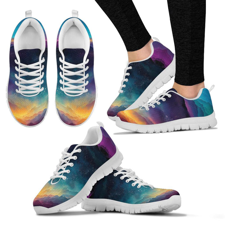Multiple angles of Colorful Universe Sneakers with white soles, including a lifestyle shot worn on feet.