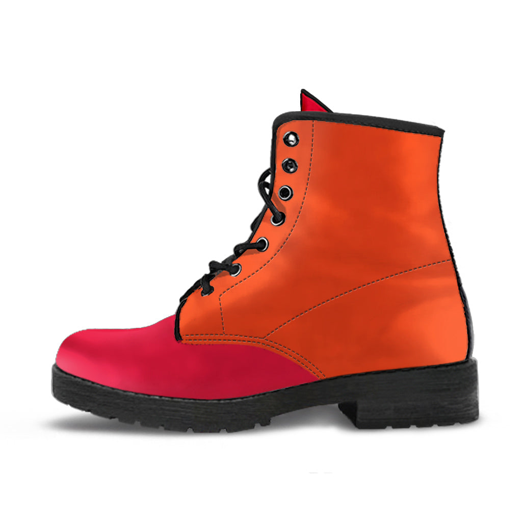 Side view of a single Colors Of The Rainbow Classic Boot featuring a vibrant orange and pink color block design with a black sole.