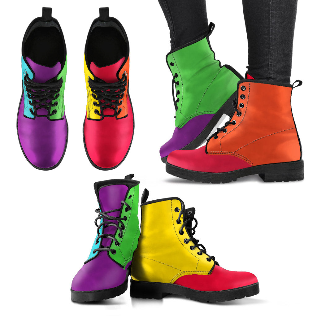 Multiple angles of Colors Of The Rainbow Classic Boots, showing the different bright colors on each side.