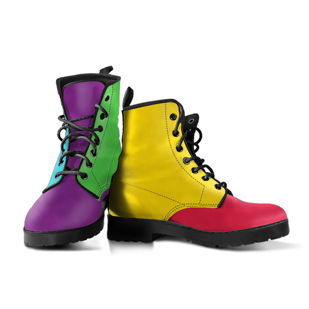 A pair of Colors Of The Rainbow Classic Boots showcasing the mismatched vibrant color block design with sturdy black soles.