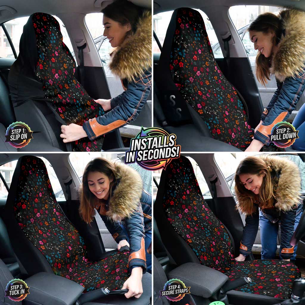 A collage showing a woman easily installing the Floral Car Seat Covers over her car seats.