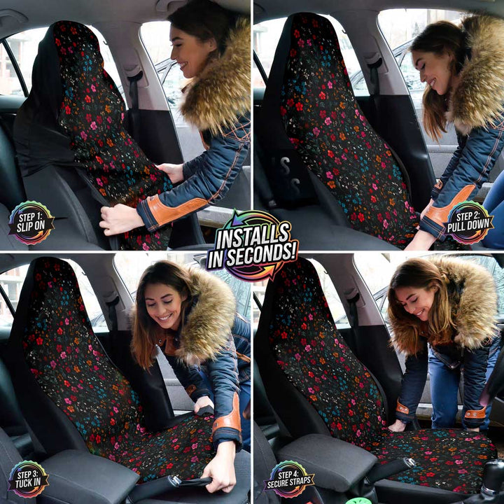 A collage showing a woman easily installing the Floral Car Seat Covers over her car seats.
