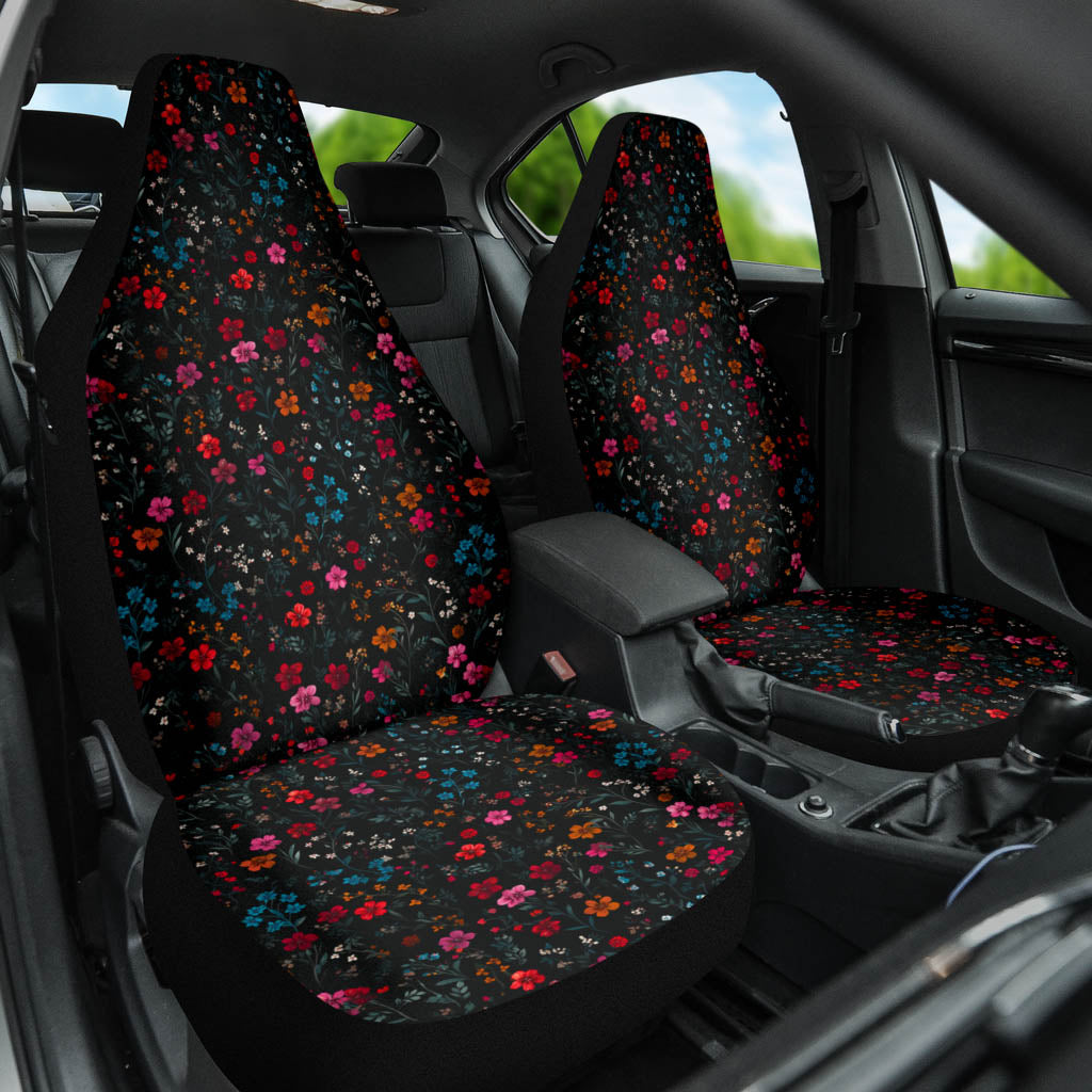 Front angled view of both Floral Car Seat Covers installed in a car, adding an elegant floral touch to the interior.