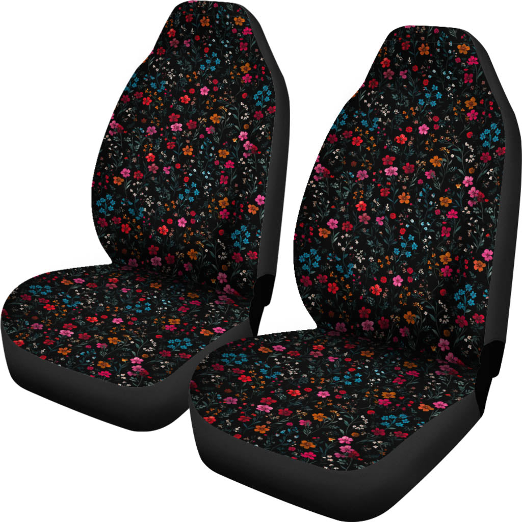 Front view of a pair of Floral Car Seat Covers featuring a colorful wildflower pattern on a dark background.