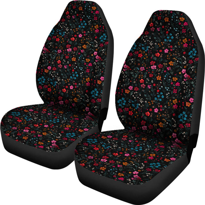 Front view of a pair of Floral Car Seat Covers featuring a colorful wildflower pattern on a dark background.