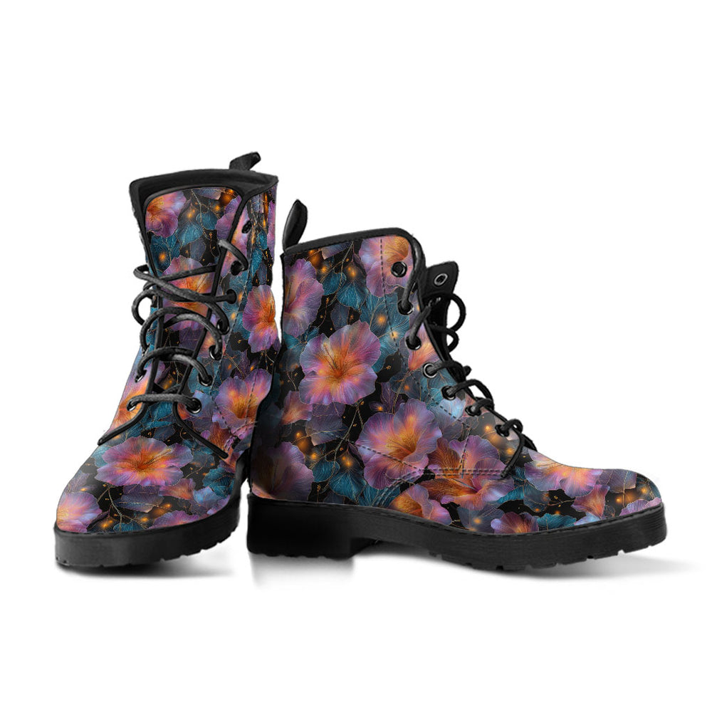 A pair of Floral Night Classic Boots showcasing the beautiful glowing floral design with sturdy black soles.