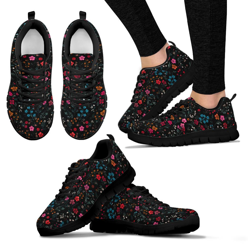 Multiple angles of Floral Sneakers with black soles, including a lifestyle shot worn on feet.