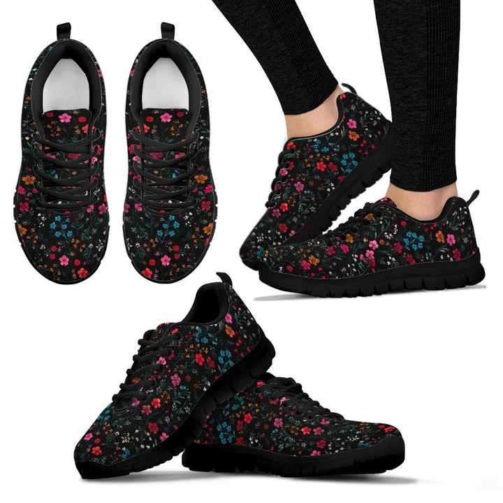 Multiple angles of Floral Sneakers with black soles, including a lifestyle shot worn on feet.