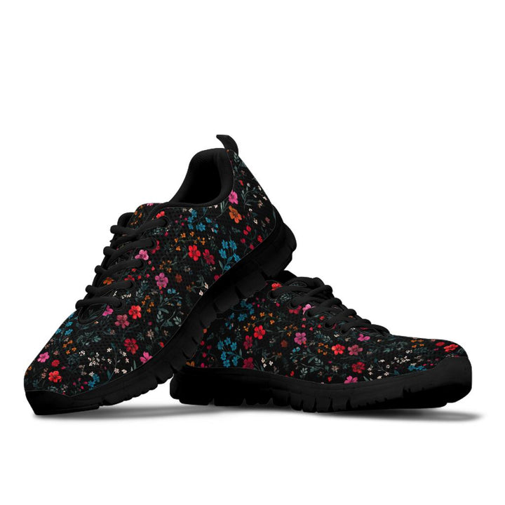Floral Sneakers featuring a vibrant flower design on a black background with black soles.