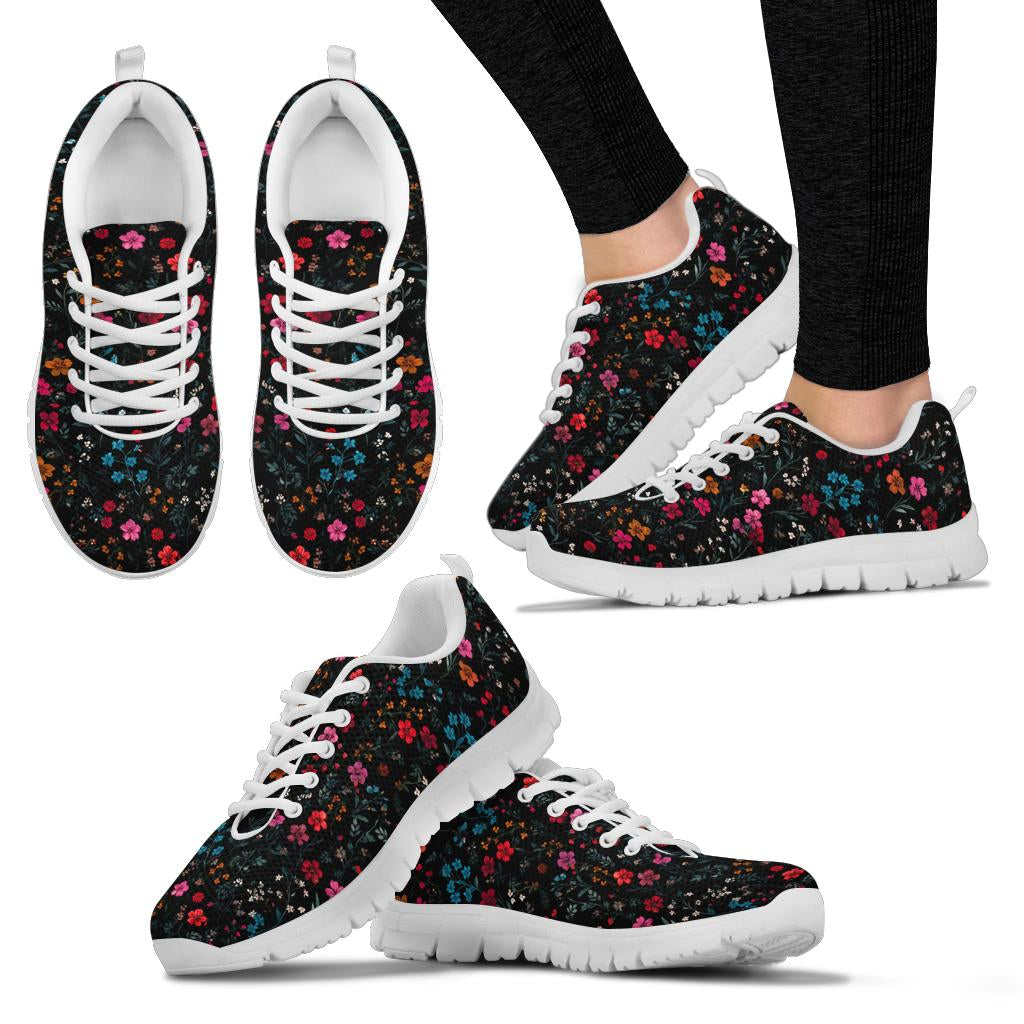 Multiple angles of Floral Sneakers with white soles, including a lifestyle shot worn on feet.