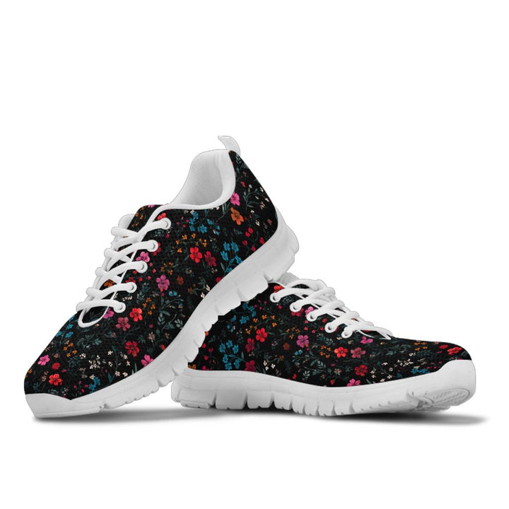 Stacked view of Floral Sneakers showcasing the vibrant flower design with crisp white soles and white laces.
