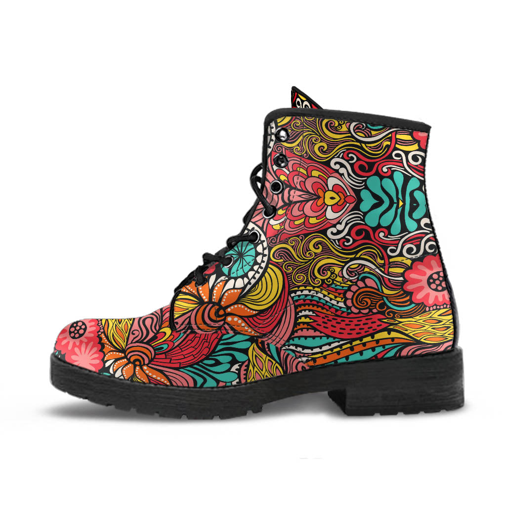 Side view of a single Happy Day Classic Boot featuring a vibrant and intricate colorful pattern with a black sole and black laces.