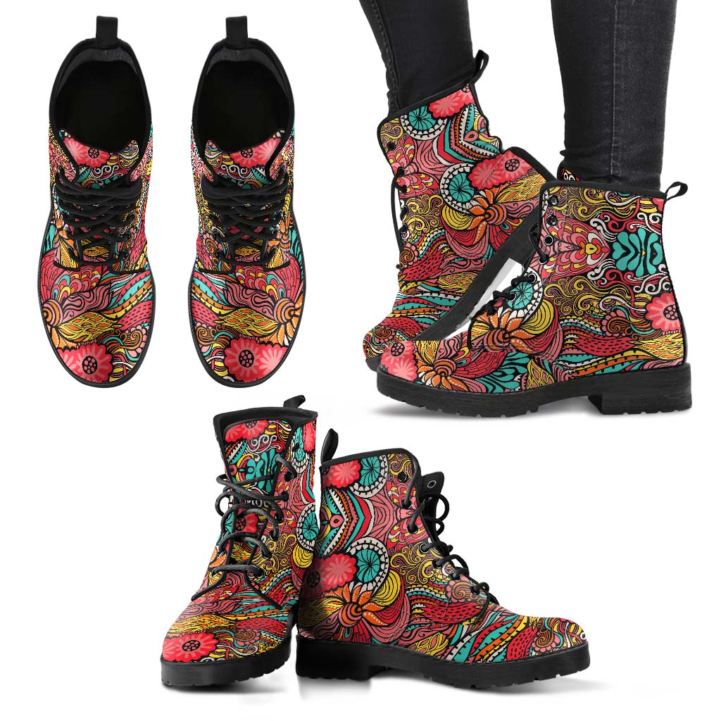 Multiple angles of Happy Day Classic Boots, showing the intricate colorful design from different views.