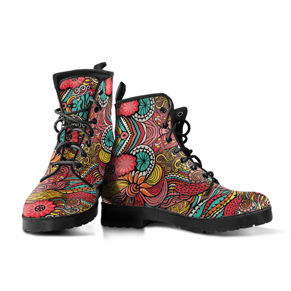 A pair of Happy Day Classic Boots showcasing the joyful colorful design and sturdy black soles.